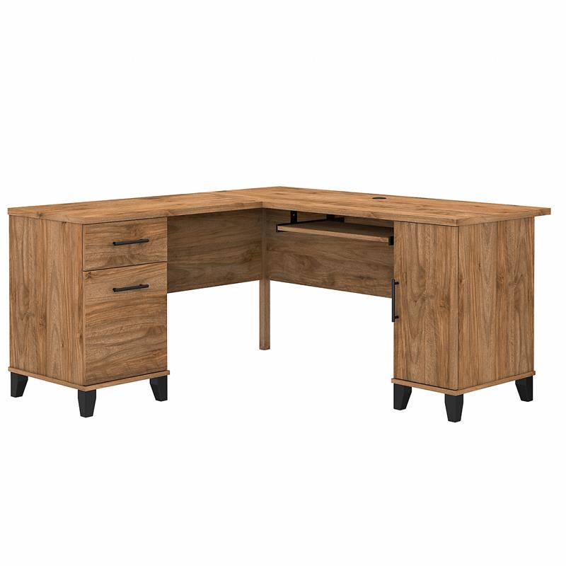 UrbanPro 60W L Shaped Desk with Storage in Fresh Walnut - Engineered Wood