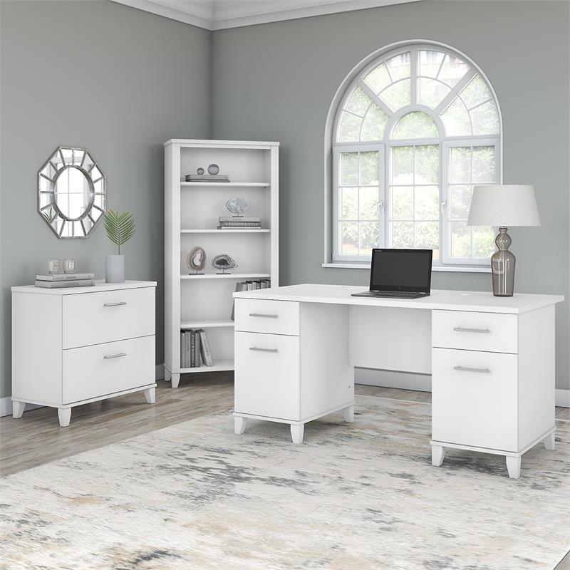 UrbanPro 60W Office Desk with File Cabinet & Bookcase in White - Engineered Wood