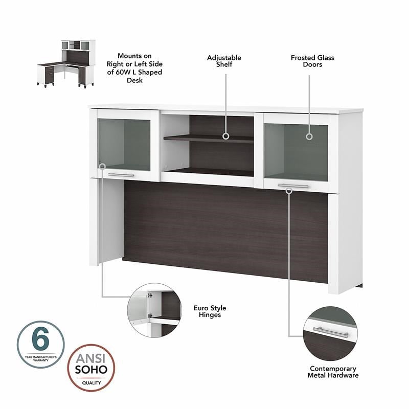 UrbanPro 60W L Desk with Hutch and Bookcase in White/Gray - Engineered Wood