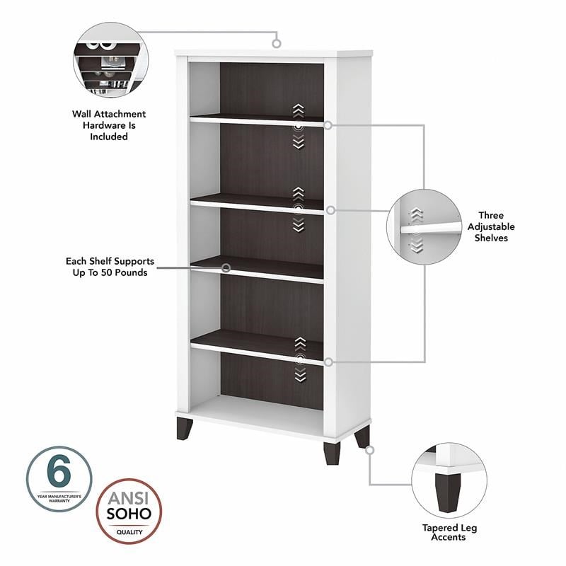 UrbanPro 60W L Desk with Hutch and Bookcase in White/Gray - Engineered Wood