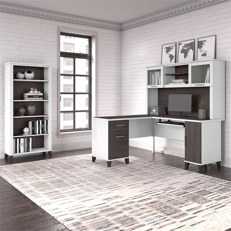 UrbanPro 60W L Desk with Hutch and Bookcase in White/Gray - Engineered Wood