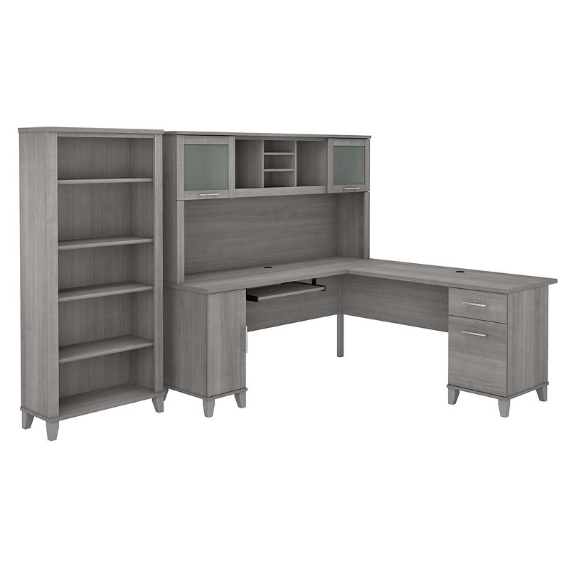 UrbanPro 72W L Shaped Desk with Hutch and Bookcase in Gray - Engineered Wood