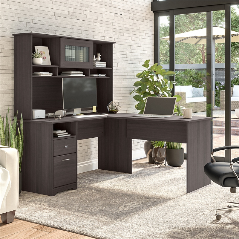 UrbanPro 60W L Shaped Computer Desk with Hutch in Heather Gray - Engineered Wood