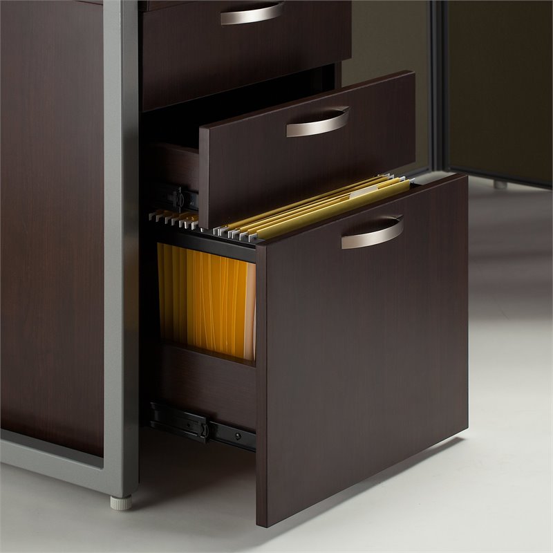 UrbanPro L-Shaped Modern Engineered Wood Cubicle Desk with File Cabinet in Brown