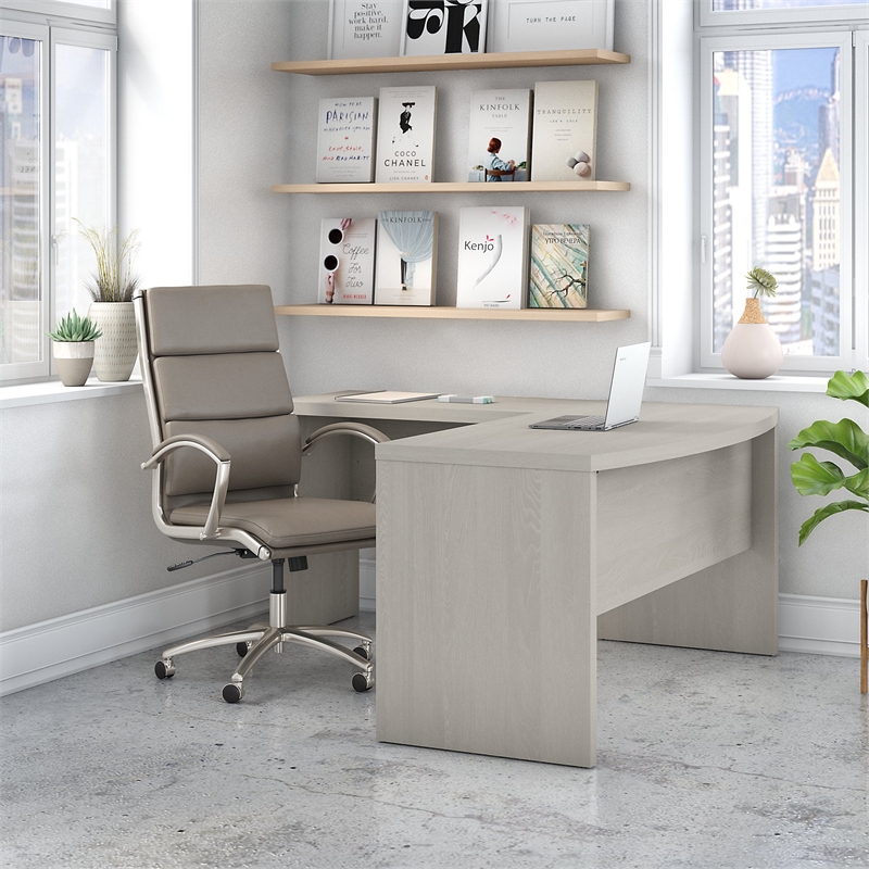 UrbanPro Contemporary Engineered Wood L-Shaped Bow Front Desk in Gray Sand