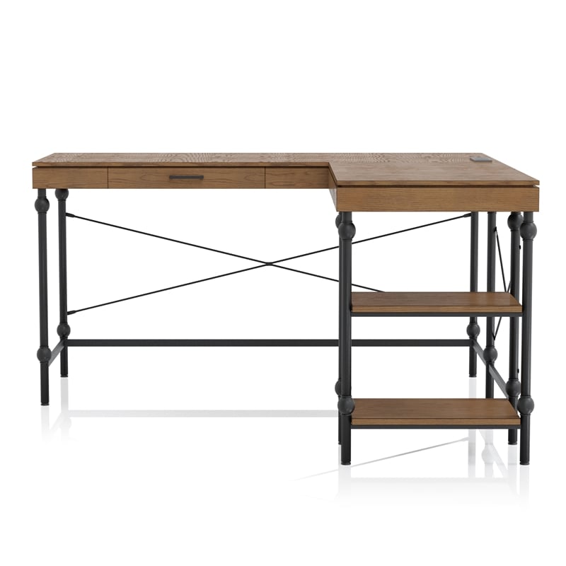 UrbanPro Traditional L-shaped Wooden Desk in Brown Oak Finish