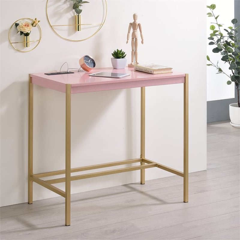UrbanPro Modern Wood Writing Desk with USB Port in Pink Finish