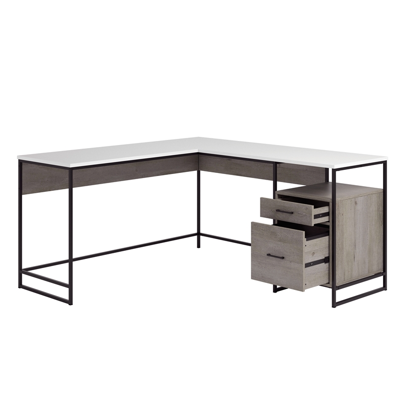 UrbanPro Modern Engineered Wood / Metal L-Desk in Mystic Oak Finish