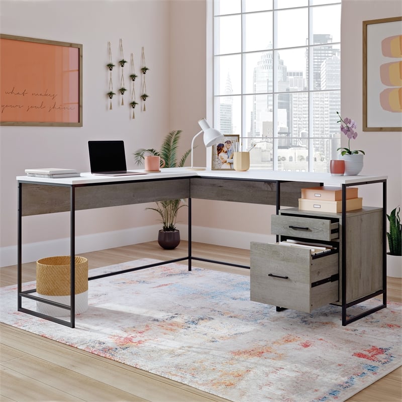 UrbanPro Modern Engineered Wood / Metal L-Desk in Mystic Oak Finish