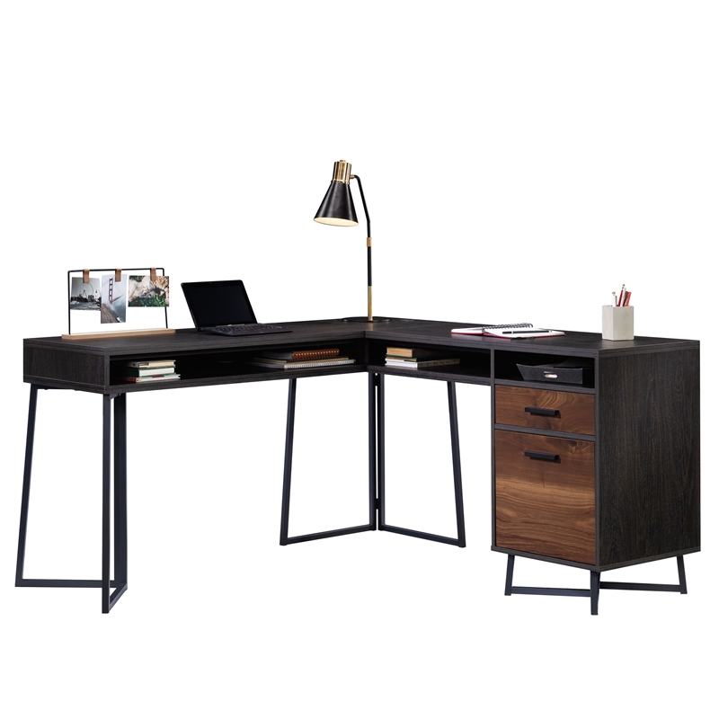 UrbanPro Modern Engineered Wood and Metal L-Desk in Brew Oak