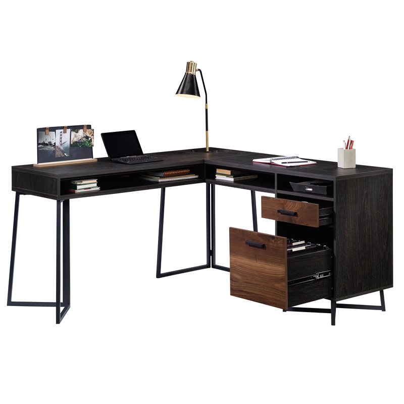 UrbanPro Modern Engineered Wood and Metal L-Desk in Brew Oak