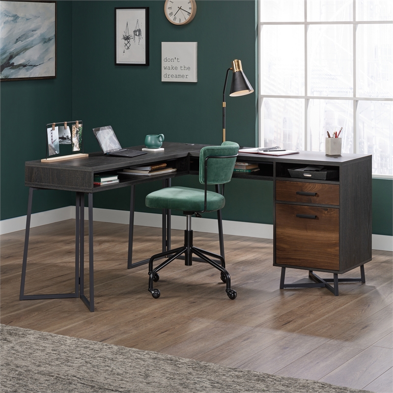 UrbanPro Modern Engineered Wood and Metal L-Desk in Brew Oak
