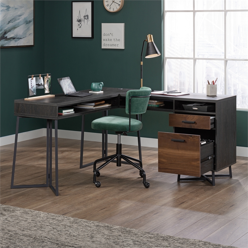UrbanPro Modern Engineered Wood and Metal L-Desk in Brew Oak