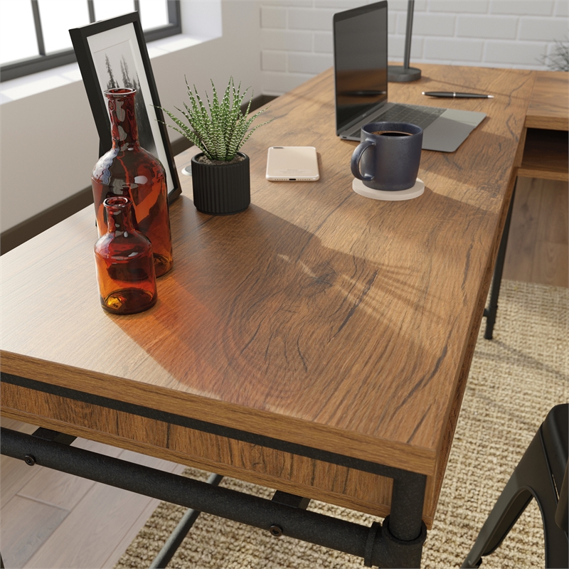 UrbanPro Modern Engineered Wood L-Desk in Checked Oak Finish