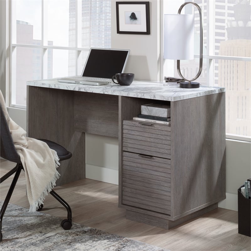 UrbanPro Modern Engineered Wood Single Pedestal Desk in Ashen Oak