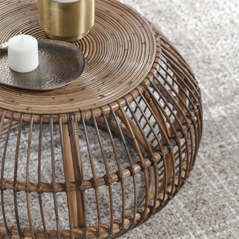 Kosas Home Lira Round Wicker / Rattan Subalio Coffee Table in Espresso