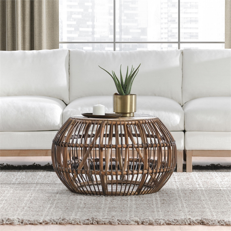 Kosas Home Lira Round Wicker / Rattan Subalio Coffee Table in Espresso