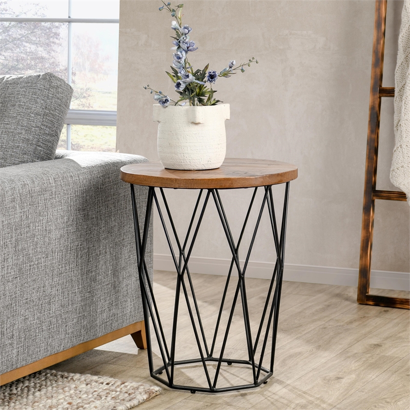 Kosas Home Chester Round Mango Wood and Iron End Table in Chestnut Brown