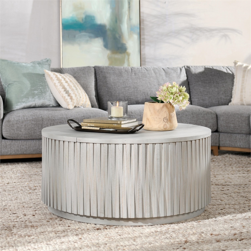 Kosas Home Maya 40x40 Round Mango Wood Coffee Table in Sunbleached Gray