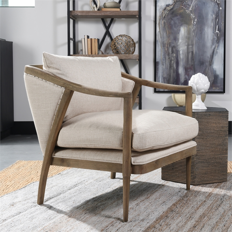 Kosas Home Amira Transitional Fabric and Oak Wood Accent Chair in Ivory