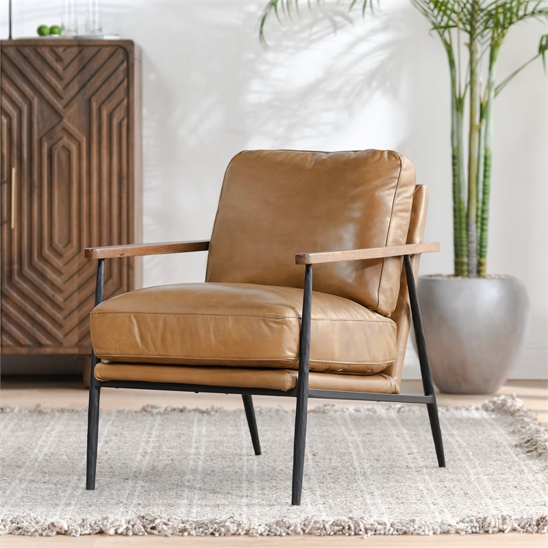 Kosas Home Arnold Cushion Back Transitional Leather Club Chair in Tan/Black