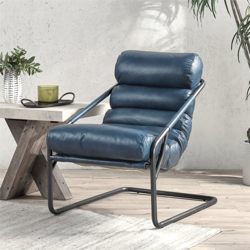 Kosas Home Jackson Transitional Leather Accent Chair in Dark Blue