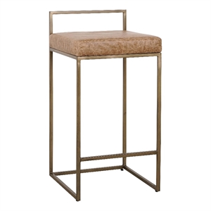Kosas Home Belfort 26&quot Leather & Metal Counter Stool in Chestnut/Brass