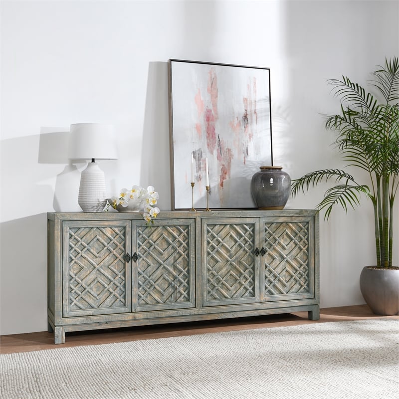 Kosas Home Antigua 4-Door Transitional Wood Sideboard in Antique Blue