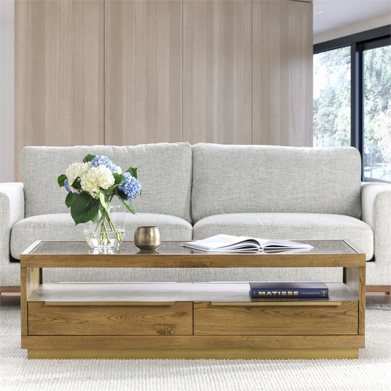 Kosas Home Fallbook Four-Drawer Wood Coffee Table in Medium Oak