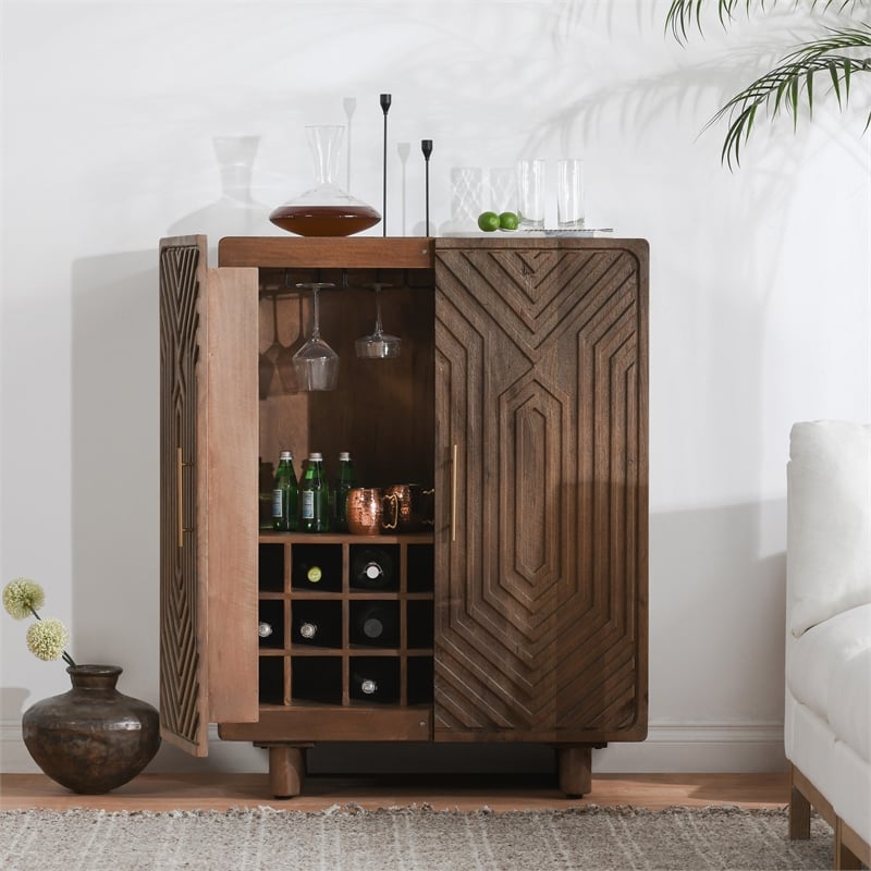 Kosas Home Holmes Mango Wood Geometric Pattern Carved Bar Cabinet in Brown