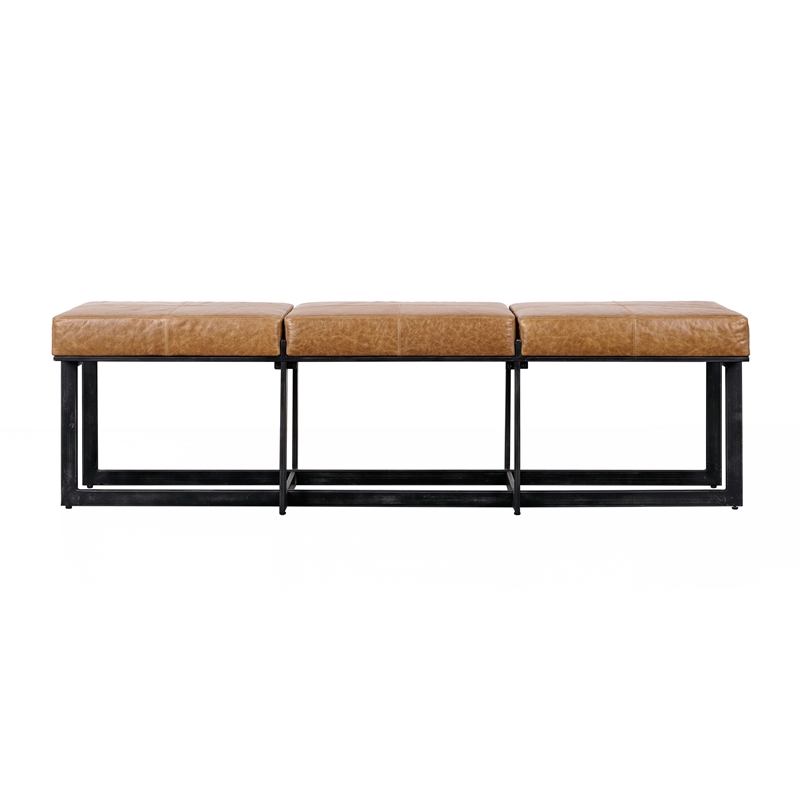 Kosas Home Calvin Leather and Tube Iron Narrow Bench in Chestnut