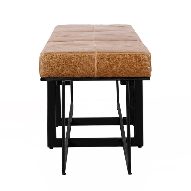 Kosas Home Calvin Leather and Tube Iron Narrow Bench in Chestnut