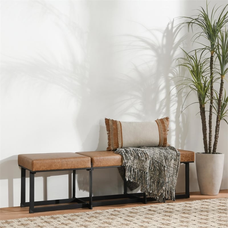 Kosas Home Calvin Leather and Tube Iron Narrow Bench in Chestnut