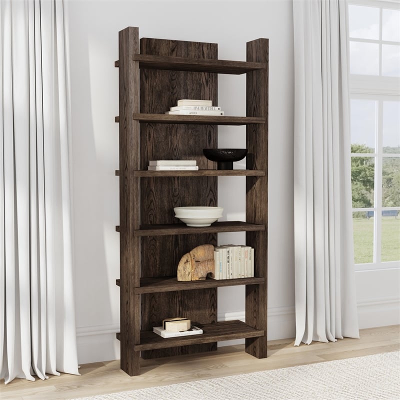 Classic Home Doku 6 Shelf Open Tall Bookcase Dark Brown Oak Wood