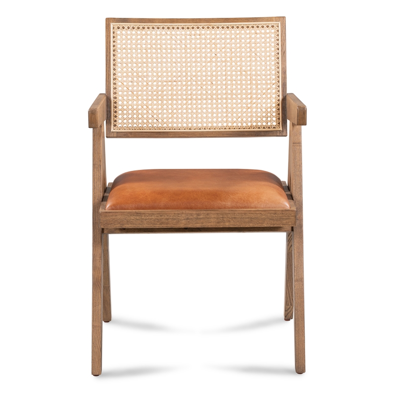 Classic Home Douglas Tan Top-Grain Leather & Wood Dining Chair with Rattan Back