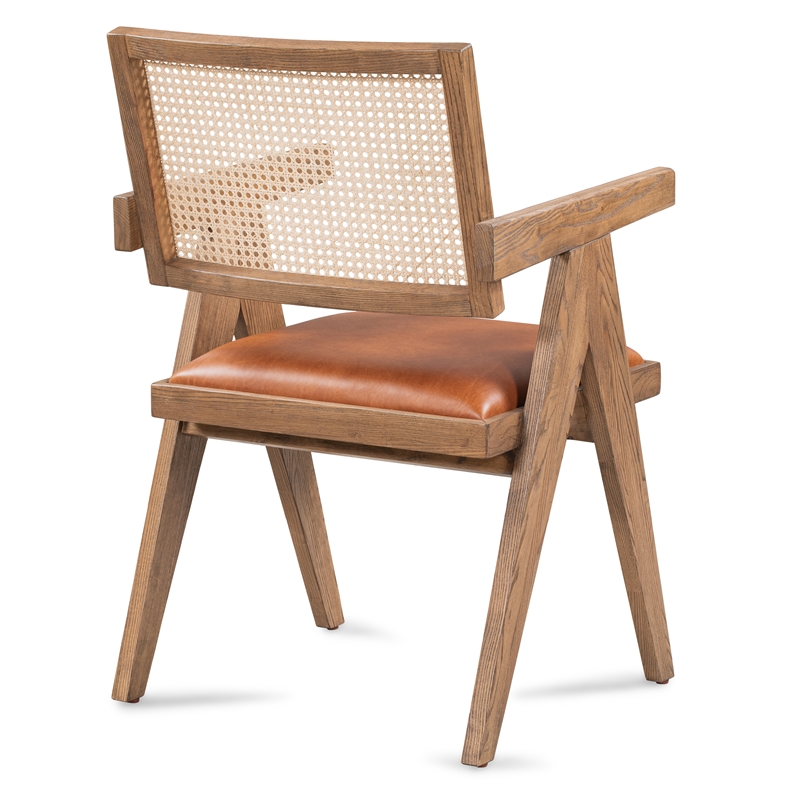 Classic Home Douglas Tan Top-Grain Leather & Wood Dining Chair with Rattan Back