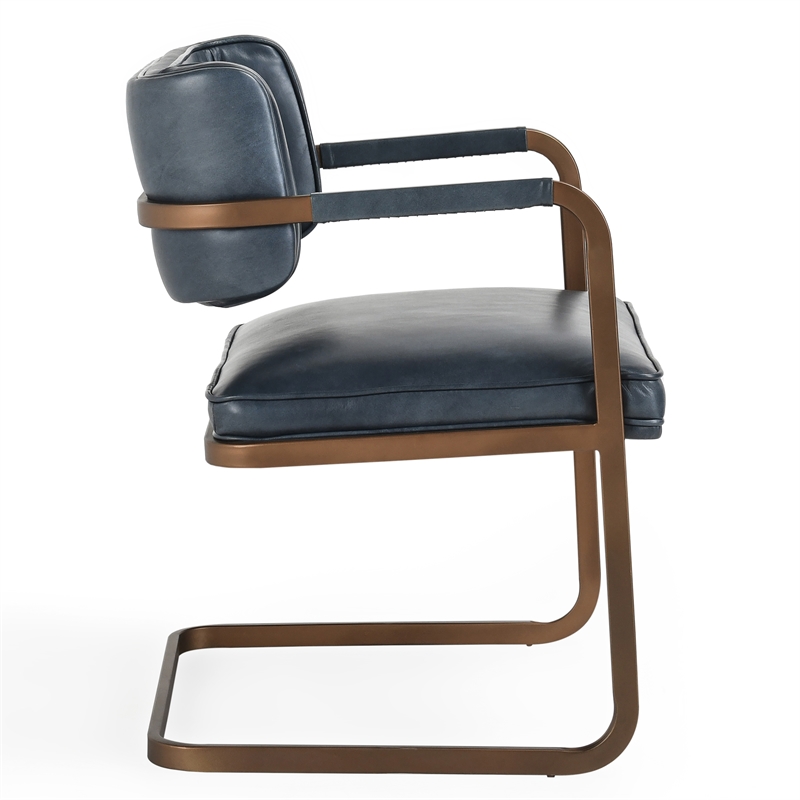 Classic Home Fonda Ocean Blue Leather Cantilever Dining Chair Welted Seam Detail
