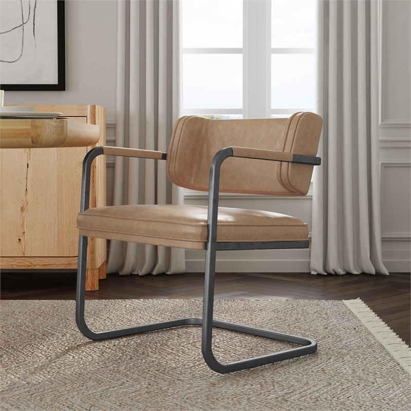 Classic Home Fonda Tan Leather Cantilever Dining Chair with Welted Seam Detail