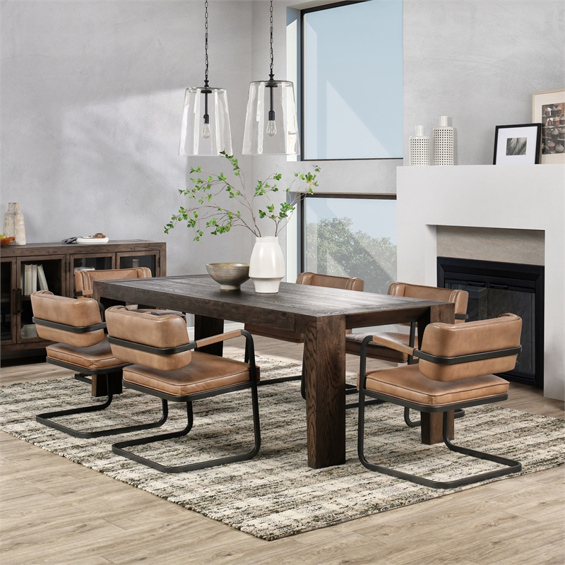 Classic Home Fonda Tan Leather Cantilever Dining Chair with Welted Seam Detail