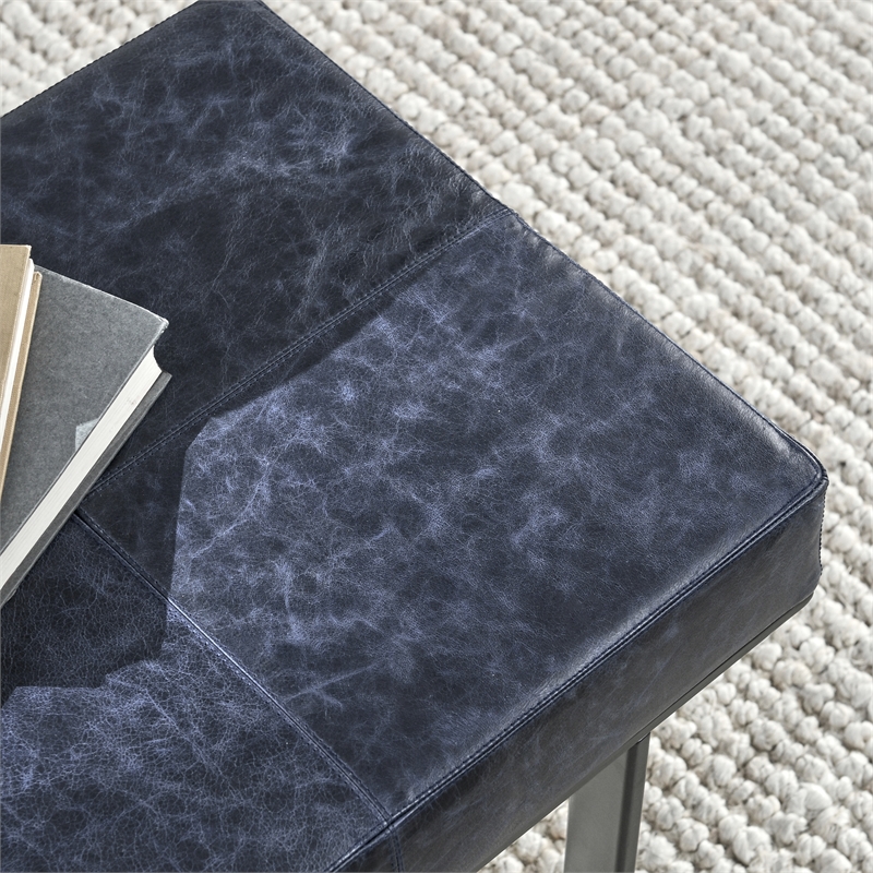 Classic Home Calvin Transitional Genuine Leather Stool in Nightfall Blue