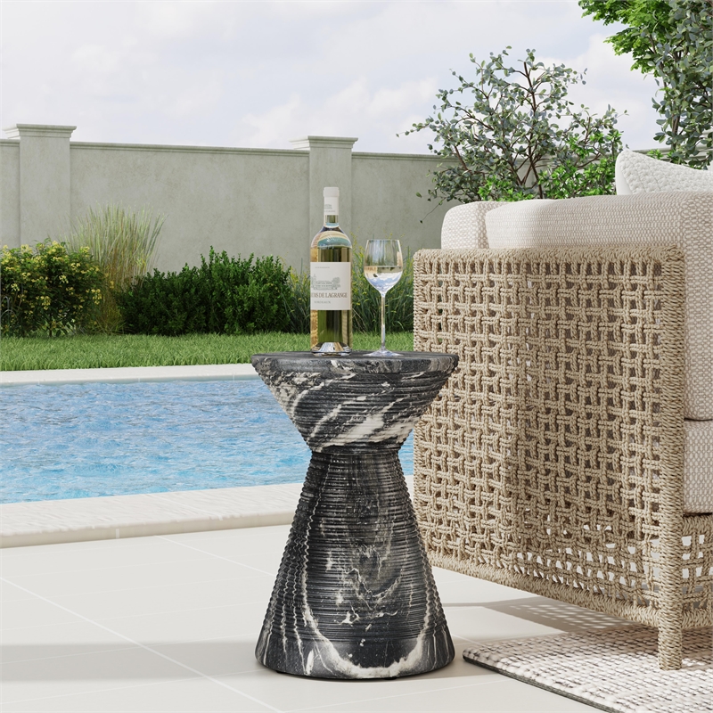 Classic Home Fern Concrete Stone Ceramic Outdoor Accent Table in Black