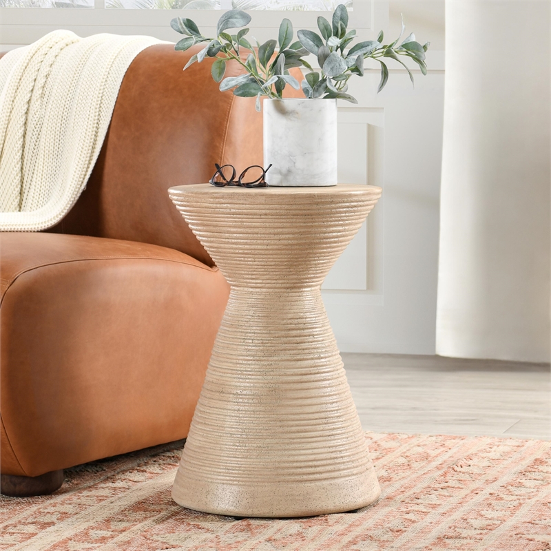 Classic Home Fern Concrete Stone Ceramic Outdoor Accent Table in Beige