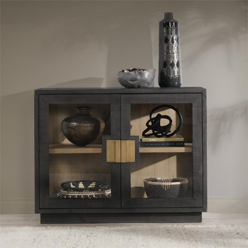 Classic Home Larson 2-Door Glass Reclaimed Pine Wood Cabinet in Black