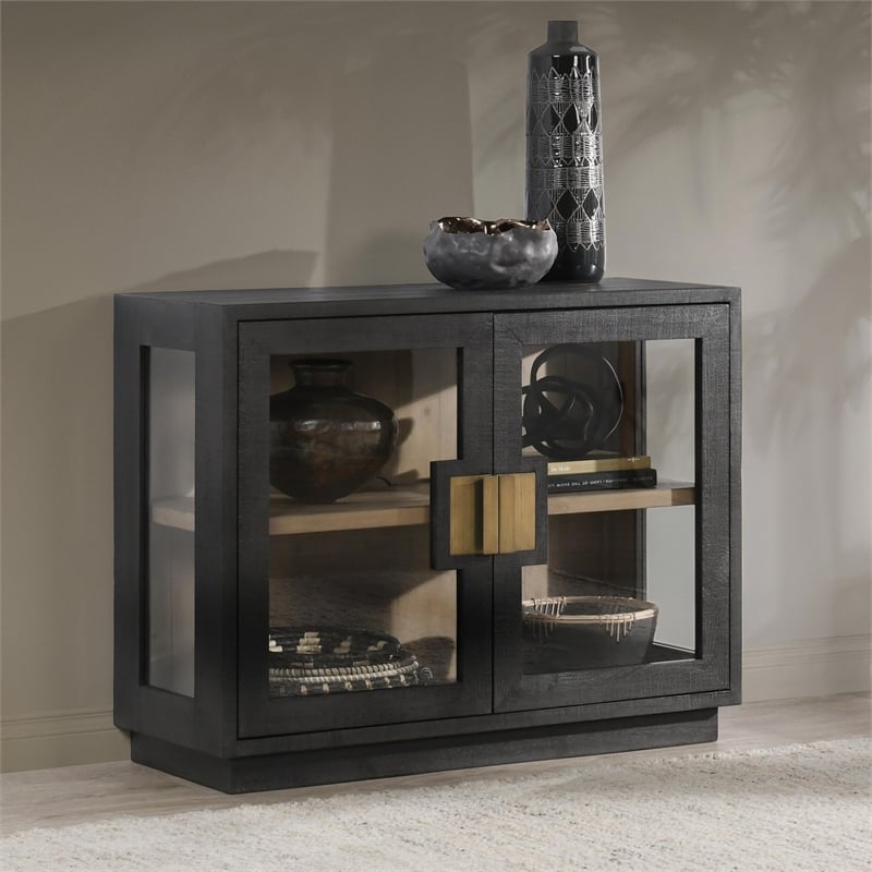 Classic Home Larson 2-Door Glass Reclaimed Pine Wood Cabinet in Black