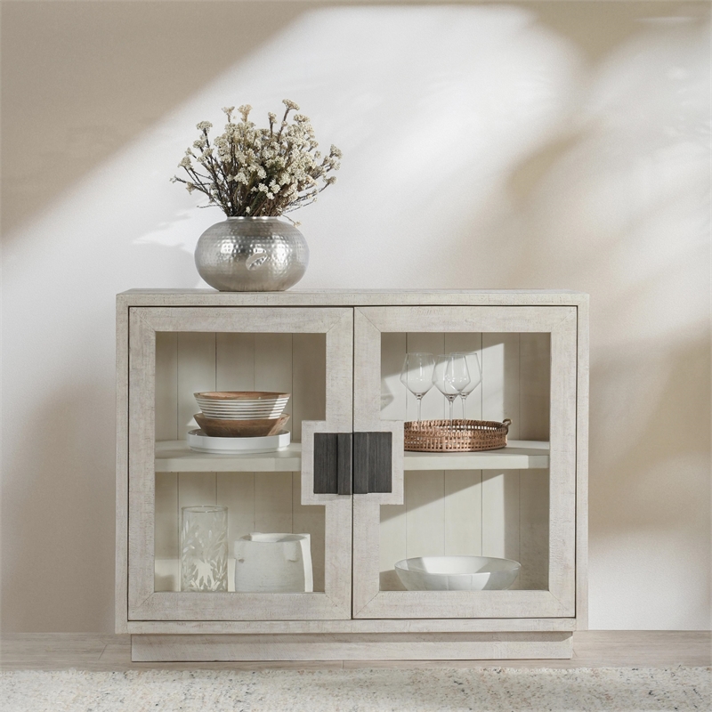 Classic Home Larson 2-Door Glass Reclaimed Pine Wood Cabinet in White