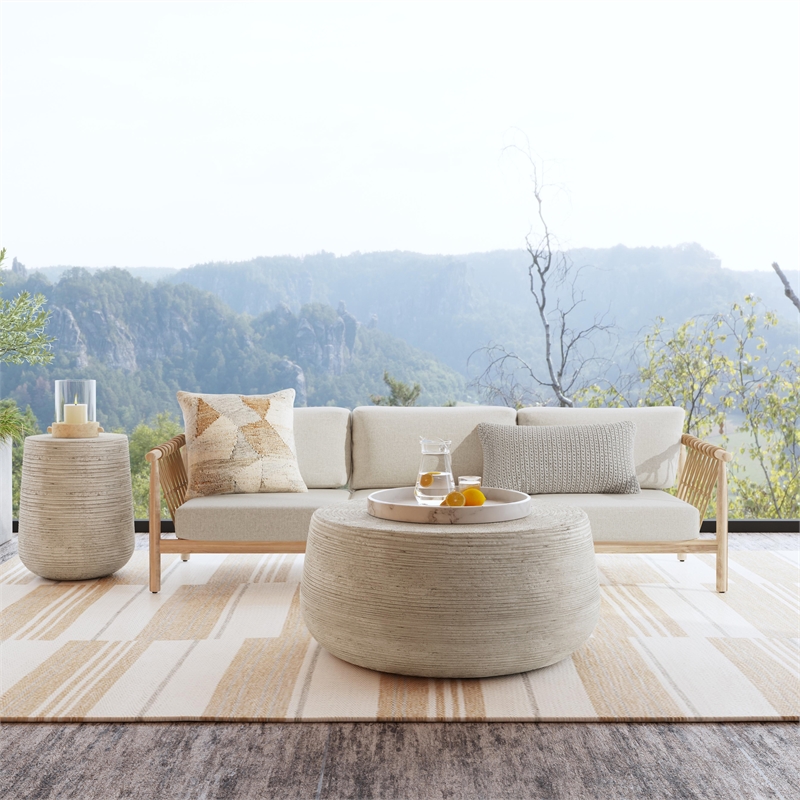 Classic Home Leo Teak Wood Fabric Upholstery Coastal Outdoor Sofa in Taupe