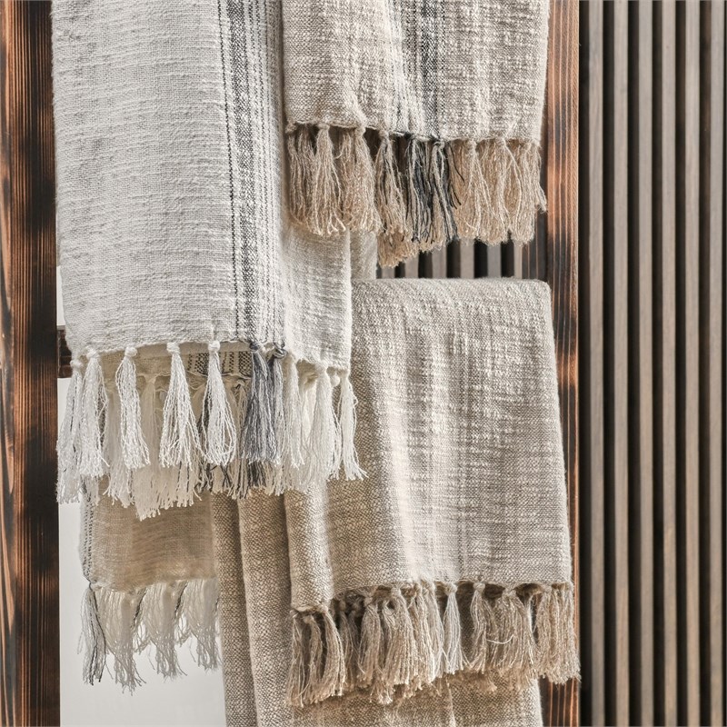 Villa by Classic Home TC Ria Ivory/Gray Cotton Throw Blanket 50