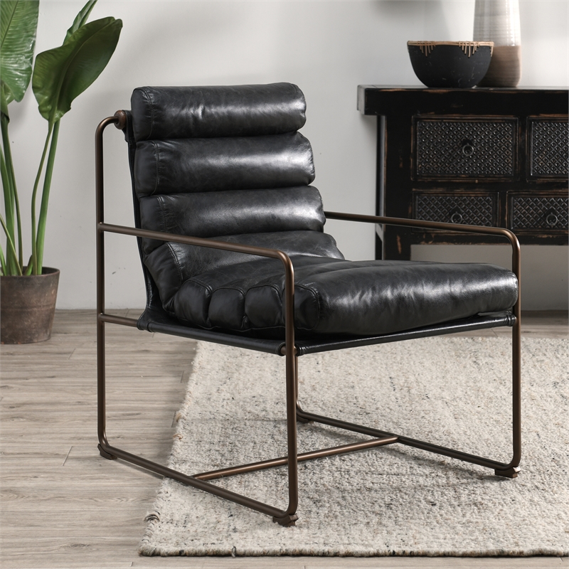 Classic Home Argo Top Grain Leather with Metal Frame Black Accent Chair