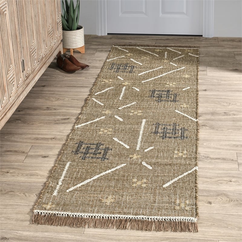 Belfast 2.6'x8' Wool Blend Geometric Pattern Handwoven Khaki Area Rug Runner