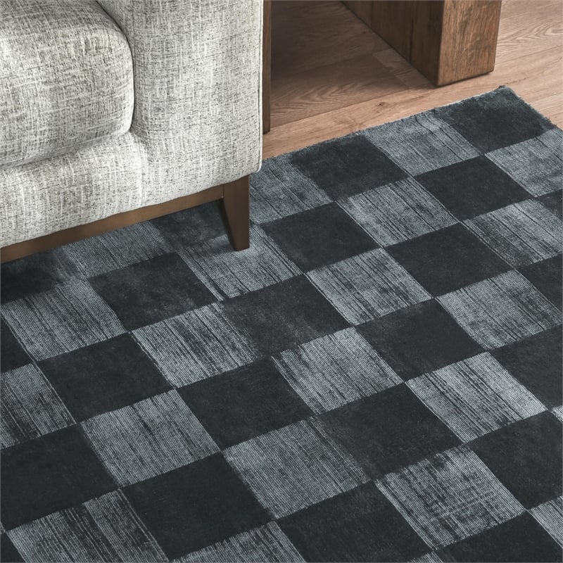Berlin 5'x8' Indoor Soft Fabric Handwoven Checkered Ink Blue Accent Area Rug